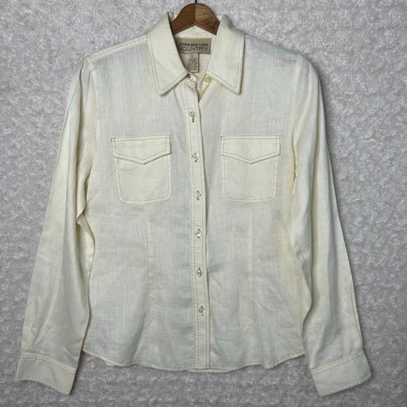 Jones New York Linen Button Down Shirt Long Sleeve Pockets Cream‎ Size 8 - Picture 1 of 6